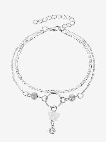 シルバー アンクレット バタフライ クリスタル ペンダント 透かし彫り スタイリッシュ アンクル ブレスレット