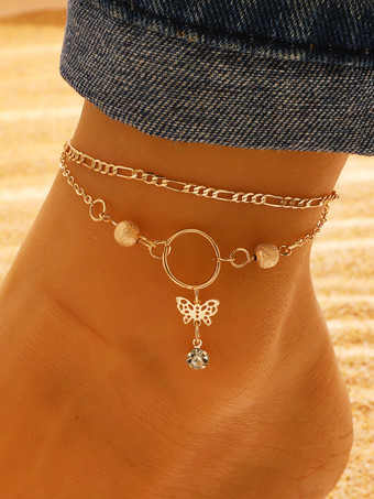 ゴールド アンクレット バタフライ クリスタル ペンダント 透かし彫り スタイリッシュ アンクル ブレスレット