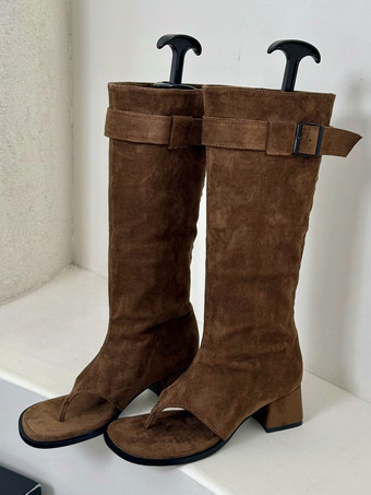 ディープブラウンレディース フリップフロップブーツ バックル チャンキーヒール グラディエーターサンダル