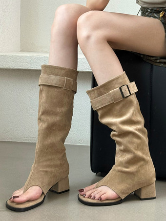 カーキ レディース フリップフロップブーツ バックル チャンキーヒール グラディエーターサンダル