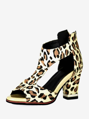 ヒョウ柄レディースヒールサンダル ピープトゥ チャンキーヒール PUレザーサンダル