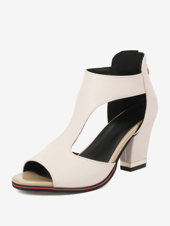 アイボリー レディースヒールサンダル ピープトゥ チャンキーヒール PUレザーサンダル