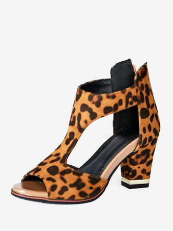 ブラウン レディースヒールサンダル ピープトゥ チャンキーヒール PUレザーサンダル