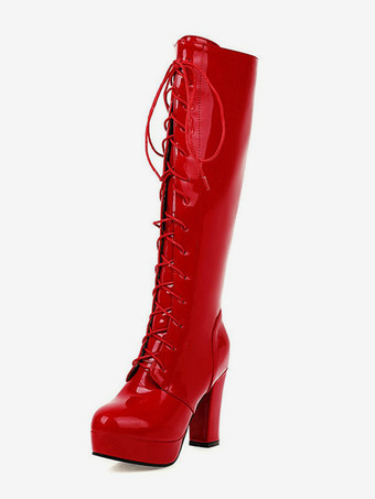 レッド ニーブーツ レディース アプリコット シック チャンキーヒール ニーハイブーツ
