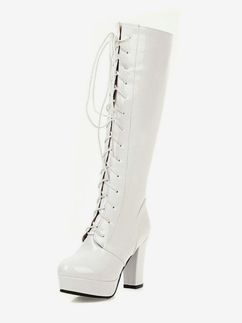 ホワイト ニーブーツ レディース アプリコット シック チャンキーヒール ニーハイブーツ