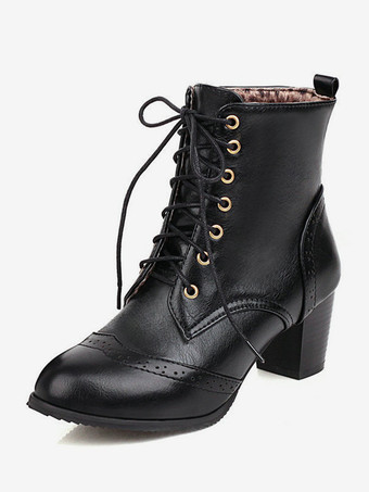 ブラック レディース アンクルブーツ カーキ PUレザー ブーティ ポインテッドトゥ チャンキーヒール