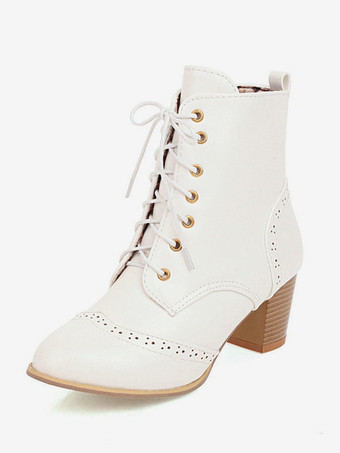 ホワイト レディース アンクルブーツ カーキ PUレザー ブーティ ポインテッドトゥ チャンキーヒール