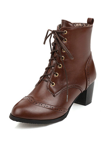 ブラウン レディース アンクルブーツ カーキ PUレザー ブーティ ポインテッドトゥ チャンキーヒール