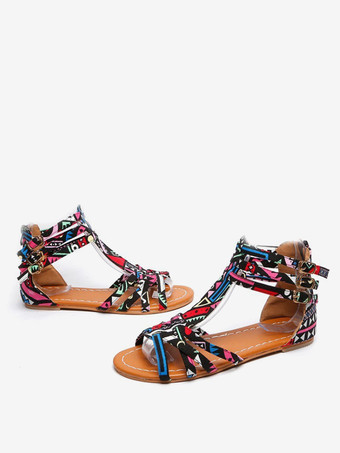 迷彩色ボヘミアン フラットサンダル オープントゥ プリントサンダル