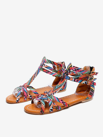 ピンクボヘミアン フラットサンダル オープントゥ プリントサンダル