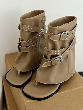 カーキ レディース チャンキーヒール グラディエーターサンダル サマーブーツ PUレザー