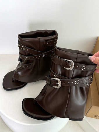 ディープブラウンレディース チャンキーヒール グラディエーターサンダル サマーブーツ PUレザー