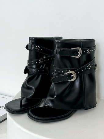 ブラック レディース チャンキーヒール グラディエーターサンダル サマーブーツ PUレザー