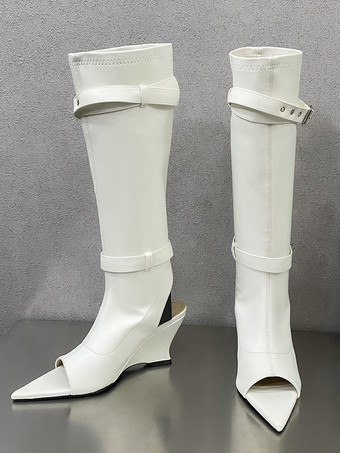 ホワイト レディース バックル ウェッジヒール グラディエーターサンダル サマーブーツ PUレザー