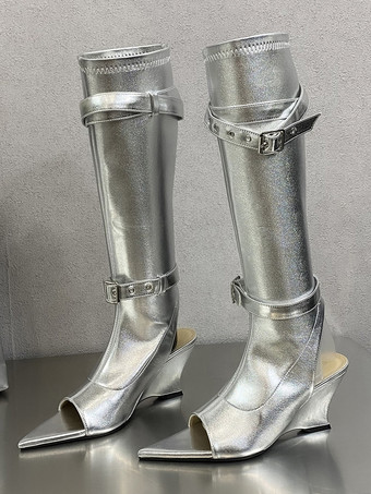 シルバー レディース バックル ウェッジヒール グラディエーターサンダル サマーブーツ PUレザー