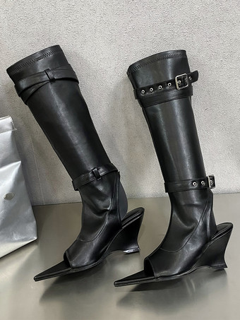 ブラック レディース バックル ウェッジヒール グラディエーターサンダル サマーブーツ PUレザー