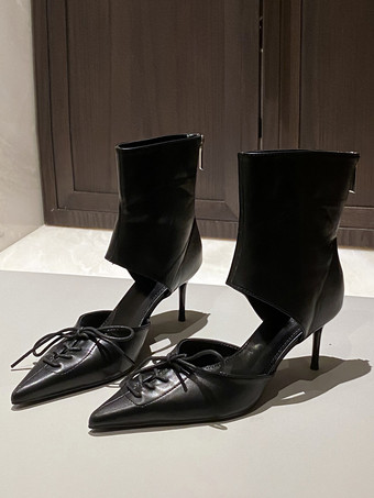 ブラック レディース ジッパー スティレットヒール サマーブーツ ロートップ PUレザー