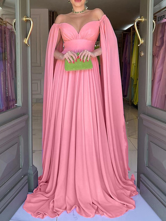 カメオピンクイブニングドレス Aライン スウィートハートネック シフォン トレーン付き プリーツ 社交パーティードレス
