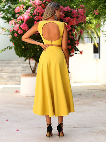 カクテルドレス付き エレガントなティーレングスのツーピース ジュエルネック プリーツ