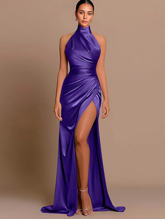 ロイヤパープルイブニングドレス マーメイド ホルター 伸縮性のあるサテン織り トレーン付き プリーツ 社交ページェントドレス