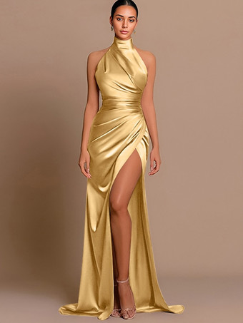 イエローイブニングドレス マーメイド ホルター 伸縮性のあるサテン織り トレーン付き プリーツ 社交ページェントドレス