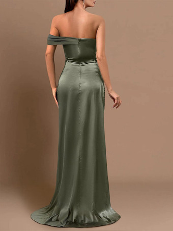 イブニングドレス マーメイド ストラップレス 伸縮性のある織りサテン トレーン付き フロントスリット 社交パーティードレス