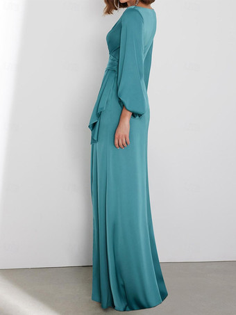 イブニングドレス マーメイド Vネック フロアレングス ロングスリーブ ジッパー プリーツ サテン生地 社交ページェントドレス