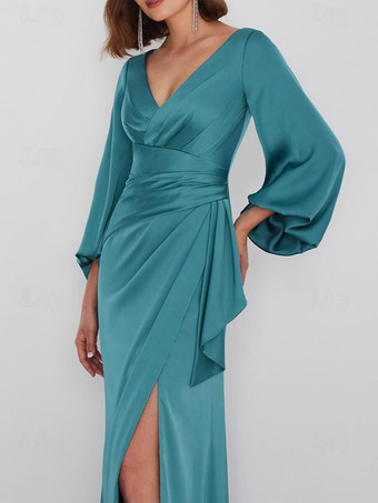 イブニングドレス マーメイド Vネック フロアレングス ロングスリーブ ジッパー プリーツ サテン生地 社交ページェントドレス