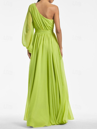 イブニングドレス Aライン ワンショルダー フロアレングス ロングスリーブ バックレス プリーツ シフォン フォーマル パーティードレス