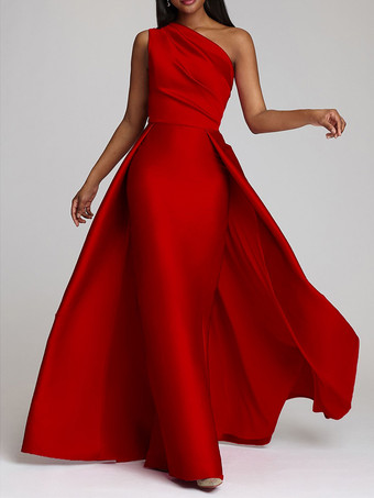 レッド イブニングドレス Aライン ワンショルダー サテン生地 フロアレングス プリーツ フォーマル ディナードレス
