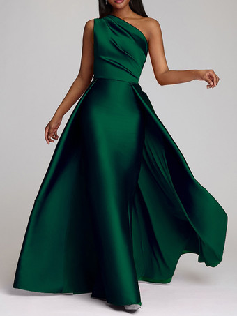 ダークグリーンイブニングドレス Aライン ワンショルダー サテン生地 フロアレングス プリーツ フォーマル ディナードレス