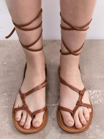 レディース フラット グラディエーター スナダル オープントゥ レースアップ サンダル
