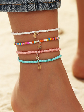 ピンクアンクレット マルチカラー ビーズ ムーン スター ロック ボヘミアン アンクル ブレスレット
