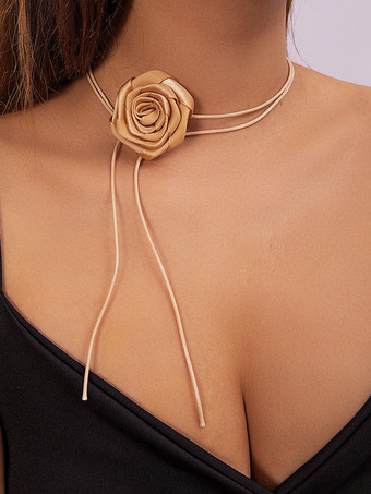 カーキ 鎖骨ネックレス 3Dフラワー 快適なPUレザーネックレス