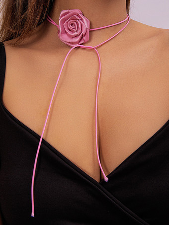 ピンク鎖骨ネックレス 3Dフラワー 快適なPUレザーネックレス