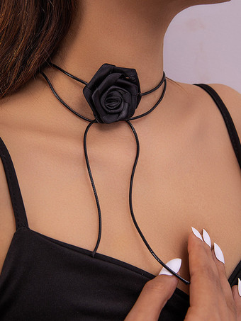 ブラック 鎖骨ネックレス 3Dフラワー 快適なPUレザーネックレス