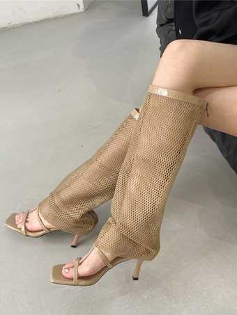 カーキ レディース ジッパー スティレットヒール グラディエーターサンダル サマーブーツ PUレザー