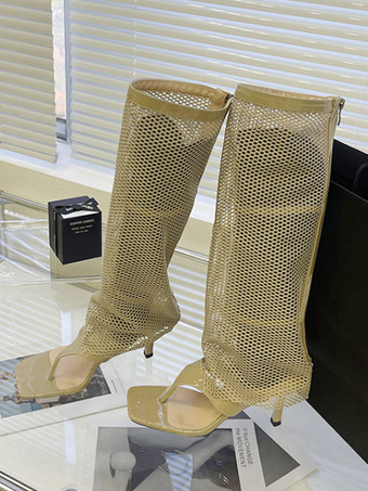 カーキ レディース ジッパー スティレットヒール グラディエーターサンダル サマーブーツ PUレザー