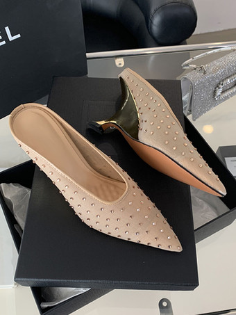 レディース ラインストーン スリッポン 特殊形状ヒール ミュール ポリエステル ディープアプリコット