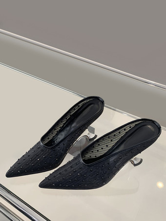 ブラック レディース ラインストーン スリッポン 特殊形状ヒール ミュール ポリエステル ディープアプリコット