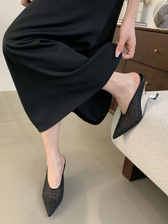 レディース ラインストーン スリッポン 特殊形状ヒール ミュール ポリエステル ディープアプリコット