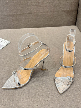 Sandales à talons pour femmes bout pointu talon aiguille chaussures en cuir PU