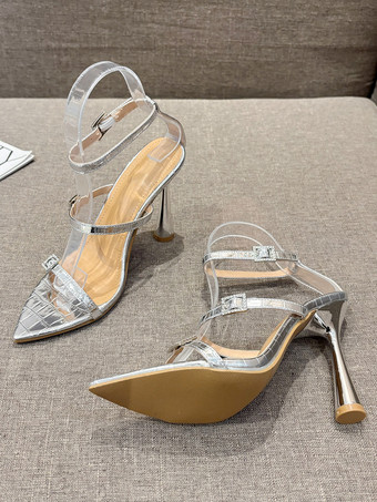 Sandales à talons pour femmes bout pointu talon aiguille chaussures en cuir PU