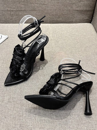 Damen-Sandalen mit Absatz spitze Zehenpartie kegelförmiger Absatz Sandalen aus PU-Leder