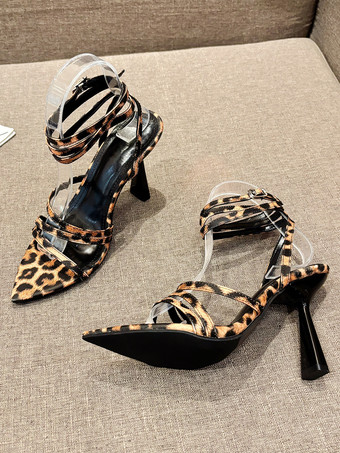 ブラウン レディースヒールサンダル ポインテッドトゥ PUレザーサンダル