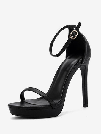 ブラック レディースヒールサンダル オープントゥサンダル スティレットヒール PUレザー