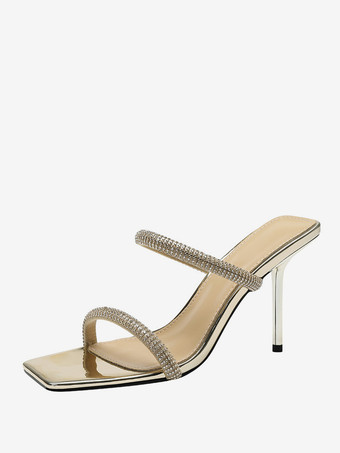 アプリコットレディースミュールヒール ラインストーン サテン ロートップミュール オープントゥ スティレットヒール