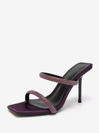 パープル レディースミュールヒール ラインストーン サテン ロートップミュール オープントゥ スティレットヒール