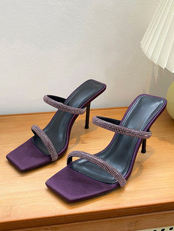 レディースミュールヒール ラインストーン サテン ロートップミュール オープントゥ スティレットヒール