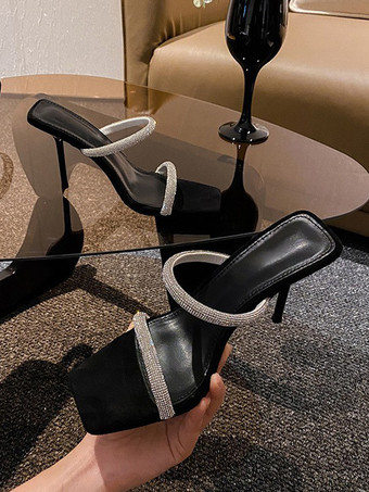 ブラック レディースミュールヒール ラインストーン サテン ロートップミュール オープントゥ スティレットヒール